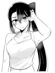  1girl blush breasts camisole cleavage closed_mouth greyscale hair_between_eyes hand_in_own_hair higaragi highres kantai_collection large_breasts long_hair looking_at_viewer monochrome nachi_(kancolle) ponytail side_ponytail sidelocks simple_background solo upper_body very_long_hair 