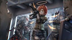  3girls aiming ammunition_pouch arknights assault_rifle black_gloves brown_gloves chinese_commentary chromatic_aberration cloud cloudy_sky commentary_request cowboy_shot doorway expressionless exusiai_(arknights) facing_away from_below gangsta_hold gloves grey_hair gun halo handgun highres holding holding_gun holding_weapon horns indoors jacket ladder liskarm_(arknights) load_bearing_equipment load_bearing_vest long_hair looking_ahead midriff_peek multiple_girls navel pouch rain red_hair rifle riot_shield safety_glasses serious shield short_hair short_shorts shorts sky sleeves_past_elbows submachine_gun suppressor tactical_clothes trigger_discipline w_(arknights) weapon weapon_on_back yellow_eyes z_05 