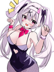  1girl :d absurdres alice_(nikke) alternate_costume animal_ears black_leotard blush bow bowtie breasts cleavage clothing_cutout detached_collar facial_tattoo fake_animal_ears fishnet_pantyhose fishnets goddess_of_victory:_nikke grey_hair hair_between_eyes highres kurono_suzuran large_breasts leotard long_hair open_mouth pantyhose pink_eyes playboy_bunny rabbit_ears red_bow red_bowtie sidelocks smile solo stomach_cutout tattoo twintails 