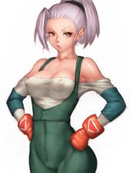  1girl bare_shoulders breasts brown_eyes cameltoe covered_erect_nipples epon fumio_(rsqkr) gloves hands_on_own_hips large_breasts lips overalls ponytail purple_hair short_hair silver_hair simple_background solo square_enix tobal tobal_no._1 white_background wide_hips 
