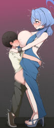  1boy 1girl age_difference ako_(blue_archive) ako_(dress)_(blue_archive) blue_archive breast_sucking breasts cleavage huge_breasts large_breasts onee-shota shota vaginal  rating:Explicit score:67 user:Metternich