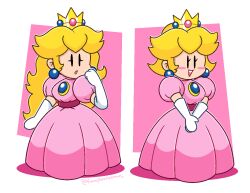 1girl black_eyes blonde_hair brooch crown dress earrings elbow_gloves eyelashes full_body gloves jewelry long_dress long_hair mario_(series) mayo_(funnyhoohooman) nintendo open_mouth paper_mario pink_dress princess_peach shadow short_hair signature simple_background smile solo sphere_earrings standing white_gloves
