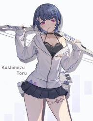  1girl absurdres arrow_(projectile) artist_name black_camisole black_choker black_skirt blue_hair blush bow_(weapon) breasts camisole character_name choker cigarette cleavage collarbone compound_bow contrapposto cowboy_shot ear_piercing earrings grey_jacket hair_ornament halterneck highres holding holding_bow_(weapon) holding_weapon jacket jewelry koshimizu_toru koshimizu_toru_(2nd_costume) kuroko1604 lace-trimmed_camisole lace_trim long_sleeves looking_at_viewer microskirt mole mole_under_eye mouth_hold nijisanji off_shoulder official_alternate_costume partially_unzipped piercing pleated_skirt purple_eyes quiver romaji_text short_hair simple_background single_bare_shoulder skirt smoking solo spaghetti_strap stud_earrings tag thighlet triangle_earrings virtual_youtuber weapon weapon_behind_back zipper_pull_tab 