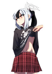  1girl absurdres arms_behind_back black_bra black_hair black_hoodie black_horns blue_archive bra bright_pupils closed_mouth clothes_lift cowboy_shot disembodied_limb frostblossom hair_between_eyes halo highres hood hoodie hoodie_lift horns kayoko_(blue_archive) lifting_another&#039;s_clothes looking_to_the_side multicolored_hair navel ponytail red_eyes red_skirt sidelocks simple_background skirt solo_focus two-tone_hair underwear white_background white_hair white_pupils 