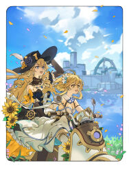  2girls absurdres behind_another blue_eyes blue_sky blurry blurry_background border bow breasts cleavage cloud day detached_sleeves dress drill_hair driving excited feet_out_of_frame flower genshin_impact hair_flower hair_ornament hand_on_headwear hat hat_feather hat_flower highres jewelry lake long_hair looking_afar lumine_(genshin_impact) motor_vehicle multiple_girls navia_(genshin_impact) on_scooter open_mouth outdoors outside_border pendant petals scooter sky smile strapless strapless_dress sunflower thighhighs very_long_hair water white_border xiang_wan_wei_wan yellow_eyes 