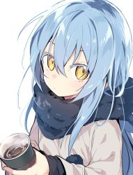  1other absurdres blue_hair closed_mouth cup fur_collar fur_trim hair_between_eyes highres holding holding_cup long_hair long_sleeves looking_at_viewer name_(oiuio) other_focus rimuru_tempest solo tensei_shitara_slime_datta_ken white_background yellow_eyes  rating:General score:18 user:danbooru