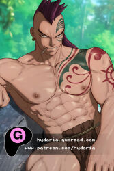  1boy abs alternate_pectoral_size bara bulge cowboy_shot dark-skinned_male dark_skin facial_tattoo frown hydaria large_pectorals loincloth long_hair looking_at_viewer male_focus mohawk muscular muscular_male navel nipples one_piece paid_reward_available pectorals pelvic_curtain ponytail sitting solo stomach tattoo topless_male tribal watermark wyper_(one_piece) 