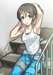  1girl armpits arms_up bare_shoulders black_hair black_sports_bra blue_jumpsuit blush breasts cleavage clothes_around_waist collarbone gloves green_eyes grey_gloves hair_tie_in_mouth harada_miyo idolmaster idolmaster_cinderella_girls idolmaster_cinderella_girls_starlight_stage jumpsuit large_breasts looking_at_viewer mikapoe mouth_hold ponytail shadow short_hair sitting sitting_on_stairs smile solo sports_bra stairs tank_top tying_hair unworn_gloves white_tank_top 