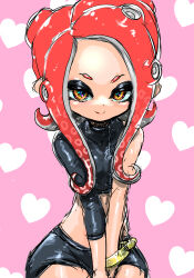  1girl agent_8_(splatoon) black_shirt black_skirt closed_mouth covered_collarbone crop_top heart heart_background highres koharu2.5 long_hair looking_at_viewer miniskirt nintendo octoling octoling_girl octoling_player_character orange_eyes red_hair shirt single_bare_shoulder single_sleeve skirt smile solo splatoon_(series) splatoon_2 splatoon_2:_octo_expansion split_mouth suction_cups tentacle_hair v_arms 