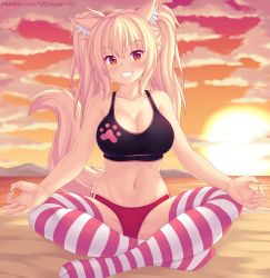 animal_ear_fluff animal_ears blonde_hair blush breasts buruma cat_ears cat_tail cleavage commentary english_commentary highres large_breasts long_hair lotus_position midriff navel nottytiffy original red_buruma red_eyes sitting slit_pupils smile solo sports_bra striped_clothes striped_thighhighs sunset tail thighhighs tiffy_(nottytiffy) twintails watermark web_address rating:Sensitive score:56 user:danbooru
