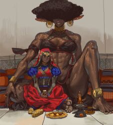  2girls abs arm_bands barefoot bracelet cloak crossed_legs cup dark-skinned_female dark_skin earrings giant giantess indian_clothes indian_style jewelry mantle mossacannibalis multiple_girls muscular muscular_female nail_polish on_floor original sitting teacup teapot 