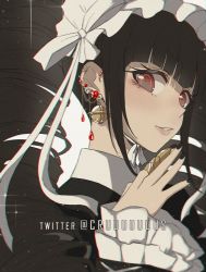 1girl artist_name black_hair black_thighhighs blunt_bangs blush bonnet brown_hair card celestia_ludenberg claw_ring commentary criis-chan danganronpa:_trigger_happy_havoc danganronpa_(series) drill_hair earrings english_commentary frills from_side gothic_lolita hand_up jewelry lolita_fashion long_hair long_sleeves looking_at_viewer nail_polish necktie parted_lips red_eyes smile solo teeth thighhighs twin_drills twintails upper_body rating:Sensitive score:10 user:danbooru