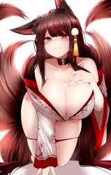  absurdres akagi_(azur_lane) akagi_(deep_crimson_poppy)_(azur_lane) all_fours animal_ear_fluff animal_ears areola_slip assertive_female azur_lane bare_shoulders blunt_bangs blush breasts brown_hair choker cleavage collarbone curvy fox_ears fox_girl fox_tail hair_ornament hand_on_own_chest heart heart-shaped_pupils highres huge_breasts japanese_clothes kimono kitsune kyuubi large_breasts lip_biting long_hair looking_at_viewer low_neckline multiple_tails off_shoulder official_alternate_costume panties panty_pull red_eyes red_panties revealing_clothes samip shaded_face shiny_skin sidelocks skindentation smile symbol-shaped_pupils tail thick_thighs thighs underwear very_long_hair wide_hips  rating:Questionable score:80 user:Oppai_chan