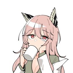 1girl animal_ears breasts cat_ears cleavage coffee coffee_mug commentary cup drinking girls&#039;_frontline highres junsuina_fujunbutsu lab_coat messy_hair mug persica_(girls&#039;_frontline) pink_hair pinky_out red_eyes solo white_background rating:Sensitive score:7 user:danbooru