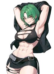  1girl abs absurdres armpits arms_up belt bikini bikini_top_only black_belt black_bikini black_collar black_jacket black_skirt breasts bright_pupils chain collar commission cowboy_shot green_hair highres jacket large_breasts light_blush looking_at_viewer midriff miniskirt navel open_clothes open_jacket original parted_lips short_hair simple_background skirt smile solo standing studded_belt swimsuit teeth thigh_strap toned white_background white_pupils yellow_eyes zeon_(zzeeonn) zipper  rating:Sensitive score:12 user:danbooru