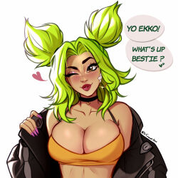  1girl artist_name bandaid bandaid_on_face black_choker breasts choker cleavage collarbone commentary crop_top earrings english_commentary english_text fingernails green_hair heart highres hoop_earrings jacket jewelry konomidraws large_breasts league_of_legends long_fingernails long_hair open_clothes open_jacket pink_nails simple_background smile solo speech_bubble spoken_heart twintails twitter_username white_background yellow_eyes zeri_(league_of_legends) 