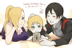  1girl 2boys black_hair blonde_hair blue_eyes blush book breasts child closed_eyes earrings family father_and_son hair_over_one_eye hand_on_head happy_birthday husband_and_wife jewelry kamoi_hayato large_breasts long_hair lying mother_and_son multiple_boys naruto:_the_last naruto_(series) naruto_shippuuden on_stomach pale_skin ponytail sai_(naruto) short_hair short_ponytail smile spoilers yamanaka_ino yamanaka_inojin  rating:General score:13 user:mmmmis