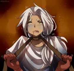artist_name asphyxiation belt blood blood_from_mouth blue_shirt blush brown_background crying dark-skinned_male dark_skin dated drooling fang from_above gloves green_eyes grey_hair hair_intakes hair_tie half-closed_eyes hatomura_miri highres ivar_(tales) long_hair lying nose_blush on_back open_mouth ponytail pov red_gloves saliva shirt short_sleeves signature simple_background strangling tales_of_(series) tales_of_xillia tears trembling turn_pale upper_body rating:Sensitive score:5 user:AngryZapdos
