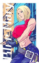  1girl abs blonde_hair blue_eyes blue_mary fatal_fury highres midriff muscular muscular_female navel short_hair snk the_king_of_fighters  rating:General score:10 user:iliketomboys