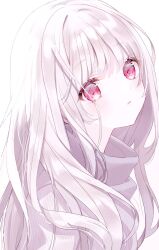  1girl albino blush closed_mouth highres long_hair looking_at_viewer misumi_(macaroni) original pale_skin red_eyes revision ribbed_sweater simple_background solo sweater turtleneck turtleneck_sweater upper_body white_background white_hair white_sweater 