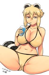 1girl animal_ears araiguma-san bare_shoulders bikini blonde_hair breasts cleavage collarbone cup dated drinking_glass drinking_straw expressionless large_breasts looking_at_viewer navel original raccoon_ears raccoon_tail red_eyes short_hair simple_background solo spread_legs swimsuit tail thick_thighs thighs tsukudani_(coke-buta) white_background yellow_bikini rating:Sensitive score:15 user:danbooru