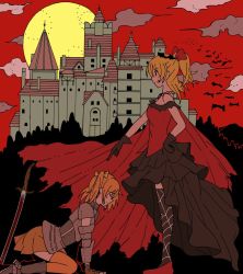 2girls armor ayase_eli bat_(animal) bowing cape castle dawn forest from_side highres knight kosaka_honoka kumaneko_(kumaneko1138) looking_down love_live! medieval moon mountain multiple_girls nature outdoors princess red_sky sky spider_web_print sword torn_cape torn_clothes weapon