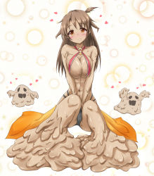  1girl abs aht_(kamidori) aht_(kamidori_alchemy_meister) bare_shoulders black_panties blush breasts breasts_squeezed_together brown_eyes brown_hair cameltoe chigusa cleavage closed_mouth collarbone dark-skinned_female dark_skin elemental_(creature) full_body hair_flaps halterneck head_tilt heart hollow_eyes kamidori_alchemy_meister large_breasts long_hair looking_at_viewer matching_hair/eyes monster_girl mud navel o-ring o-ring_top panties revealing_clothes slime_girl smile solo underwear v_arms white_background  rating:Sensitive score:31 user:danbooru