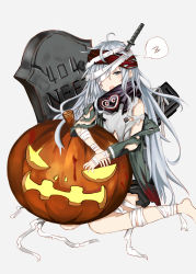  1girl absurdres ahoge alternate_costume artist_request bags_under_eyes bandaged_arm bandages blood blouse blue_eyes blush_stickers fang food g11_(girls&#039;_frontline) girls&#039;_frontline grey_background grey_shirt gun hair_between_eyes highres holding holding_food holding_pumpkin holding_vegetable jack-o&#039;-lantern jacket knife knife_in_head long_hair messy_hair object_through_head open_mouth pumpkin scarf shirt simple_background sitting solo speech_bubble tombstone torn_clothes torn_jacket torn_scarf torn_shirt vegetable very_long_hair weapon white_background white_hair zzz  rating:Sensitive score:2 user:Niconeko