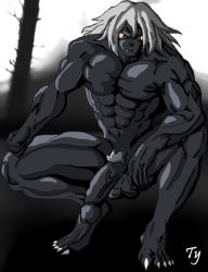  1boy beast blue_skin colored_skin demon forest large_penis lowres male_focus monster nature night nude original penis red_eyes silver_hair solo ty5550  rating:Explicit score:7 user:ty5550