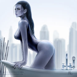 1girl arched_back ass back_tattoo backless_outfit bathroom bathtub black_hair breasts cleavage hair_slicked_back highres looking_at_viewer nail_polish overwatch overwatch_1 realistic sciamano240 solo swimsuit tattoo wet wet_hair widowmaker_(overwatch) yellow_eyes rating:Sensitive score:99 user:danbooru