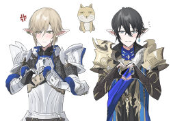  2boys anger_vein animal armor aymeric_de_borel black_gloves black_hair blue_eyes blush breastplate brown_hair cat chainmail chihuri closed_mouth ear_piercing earrings elbow_gloves final_fantasy final_fantasy_xiv fingerless_gloves flying_sweatdrops gauntlets gloves green_eyes hair_between_eyes hair_over_one_eye heart heart_hands highres jewelry male_focus multiple_boys parted_lips pauldrons piercing pointy_ears shoulder_armor simple_background sweat upper_body white_background zephirin_de_valhourdin 