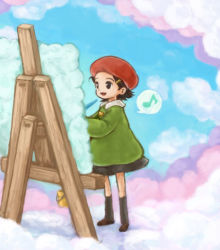  1girl adeleine ado beret black_hair bucket cloud easel hair_ornament hairclip hat kirby&#039;s_dream_land_3 kirby_(series) musical_note nintendo open_mouth painting_(action) piranosuke short_hair skirt smile solo speech_bubble standing 