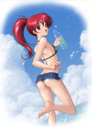  1girl asagiri_youko ass bare_shoulders barefoot bikini bottle breasts camouflage_bikini_top cloud cutoffs day denim denim_shorts feet from_behind genmu_senki_leda highres holding kuninin leg_lift legs long_hair looking_back open_mouth outdoors ponytail red_eyes red_hair short_shorts shorts sideboob sky small_breasts smile soles solo standing standing_on_one_leg sweat swimsuit toes water_bottle 
