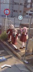  &gt;_&lt; 3girls :d :q ^_^ ahoge anyoji_hime aqua_neckerchief black_bow black_ribbon blonde_hair blue_hair blunt_bangs bow bow_legwear brown_dress brown_footwear brown_hair chain-link_fence closed_eyes commentary double_v dress fence flower fujishima_megumi fukune_koko google_street_view gradient_hair hair_flower hair_ornament hair_ribbon hasu_no_sora_school_uniform high_school_girls_posing_for_google_street_view_(meme) hood hooded_jacket jacket jitome knee_up light_blue_hair link!_like!_love_live! loafers long_hair long_sleeves love_live! medium_dress meme mira-cra_park! multi-tied_hair multicolored_hair multiple_girls neckerchief open_clothes open_jacket open_mouth osawa_rurino parted_bangs photo_background pink_flower pink_hair pink_jacket pleated_dress ponytail purple_eyes red_neckerchief ribbon road_sign sailor_collar sailor_dress school_uniform shoes sidelocks sidewalk sign smile socks standing standing_on_one_leg swept_bangs tongue tongue_out twintails two_side_up v very_long_hair virtual_youtuber white_sailor_collar white_socks winter_uniform xd yellow_neckerchief 