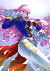  1girl braid breasts coattails crown_braid drill_hair ema_(emaura) epaulettes formal frilled_sleeves frills gloves large_breasts long_hair looking_at_viewer manon_legrand official_alternate_costume official_alternate_hairstyle pants pink_hair solo street_fighter street_fighter_6 very_long_hair white_gloves white_pants 