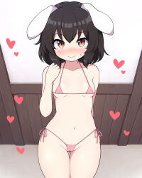 1girl animal_ears bad_perspective bikini black_hair blush breasts brown_eyes cameltoe cleft_of_venus collarbone cowboy_shot floppy_ears from_above full-face_blush gluteal_fold hand_up heart highres inaba_tewi indoors looking_at_viewer medium_hair micro_bikini navel pink_bikini rabbit_ears rizento side-tie_bikini_bottom small_breasts smile solo swimsuit thigh_gap touhou underboob wall rating:Questionable score:182 user:danbooru