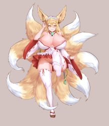 1girl absurdres animal_ear_fluff animal_ears apron blonde_hair breasts breasts_out closed_mouth collarbone crossed_bangs detached_collar detached_sleeves devin_(ddagijk) embarrassed foot_focus fox_ears fox_girl fox_tail frown geta hair_between_eyes hakama hakama_short_skirt hakama_skirt highres hirume_of_heavenly_incense huge_breasts japanese_clothes jewelry kitsune kyuubi large_ears last_origin long_hair looking_at_viewer maebari magatama maid_apron maid_headdress miko multiple_tails ofuda ofuda_on_pussy pleated_skirt ribbon-trimmed_legwear ribbon-trimmed_sleeves ribbon_trim sidelocks simple_background skindentation skirt solo standing standing_on_one_leg tail thick_thighs thighhighs thighs upskirt white_thighhighs wide_sleeves yellow_eyes rating:Questionable score:80 user:Oppai_chan