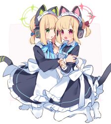  2girls ^^^ animal_ear_headphones animal_ears apron arm_around_waist back_bow black_dress blonde_hair blue_archive blue_ribbon blush bow commentary_request dress fake_animal_ears fake_tail green_eyes halo headphones incest kneeling looking_at_viewer low_twintails maid maid_apron maid_headdress midori_(blue_archive) midori_(maid)_(blue_archive) momoi_(blue_archive) momoi_(maid)_(blue_archive) multiple_girls neck_ribbon official_alternate_costume pantyhose parted_bangs red_eyes ribbon siblings sidelocks simple_background sisters sweatdrop tail twincest twins twintails undone_neck_ribbon undressing_another white_pantyhose yun_(dust-i1) yuri 
