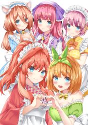 5girls absurdres ahoge alternate_costume animal_ears apron bare_shoulders blue_dress blue_eyes blush breasts brown_hair cleavage closed_mouth dress enmaided fake_animal_ears frilled_apron frilled_headband frills frown go-toubun_no_hanayome green_dress green_ribbon hair_between_eyes hair_ribbon hat heart heart_hands heart_hands_duo highres japanese_clothes kimono long_hair long_hair_between_eyes long_sleeves looking_at_viewer maid maid_apron maid_headdress multiple_girls nakano_ichika orange_hair pink_hair purple_dress purple_hair purple_hat quintuplets red_hair red_kimono ribbon shizuku_(shizukusushi) short_hair short_sleeves siblings simple_background sisters smile strapless strapless_dress unconventional_maid wa_maid waist_apron white_apron white_background yellow_dress 