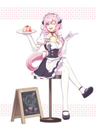  1girl ;d apron black_dress black_footwear blue_eyes breasts cake cake_slice cleavage commentary_request crossed_legs dress elbow_gloves elysia_(honkai_impact) elysia_(miss_pink_elf)_(honkai_impact) food frilled_apron frilled_dress frilled_gloves frills fruit full_body gloves hands_up holding holding_plate honkai_(series) honkai_impact_3rd long_hair maid medium_breasts menu_board one_eye_closed open_mouth pink_hair plate pointy_ears puffy_short_sleeves puffy_sleeves rixira_(234416714) shoe_soles shoes short_sleeves sitting smile solo stool strawberry teeth thighhighs upper_teeth_only very_long_hair waist_apron white_apron white_background white_gloves white_thighhighs 
