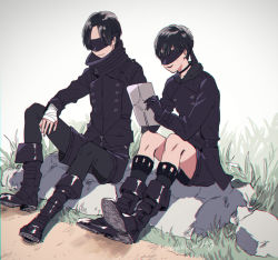  2boys android bandaged_hand bandages black_coat black_hair blindfold boots character_request choker coat collar grass multiple_boys nier:automata nier_(series) on_ground rock shorts sitting sitting_on_rock smile  rating:Sensitive score:0 user:The_Silver_Prince