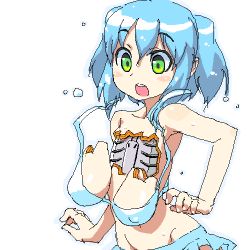  1girl android artist_request bikini blue_hair breasts green_eyes large_breasts lowres mecha_musume mechanical_parts non-web_source oekaki parody solo surprised swimsuit twintails wardrobe_malfunction what  rating:Questionable score:21 user:danbooru