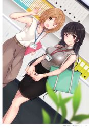  2girls absurdres artist_name bag bare_shoulders black_hair black_skirt blush bracelet braid breasts brown_eyes brown_hair cellphone closed_mouth colis_(regunm772) collarbone flat_chest hand_up highres holding id_card indoors jewelry long_hair looking_at_viewer medium_breasts multiple_girls one_eye_closed open_mouth original page_number pants phone purple_eyes ribbed_sweater scan shiny_clothes shiny_skin short_hair simple_background skirt sleeveless smile standing sweater turtleneck 