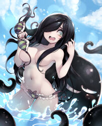  1girl aria_wintermint bikini black_hair blush breasts green_eyes gug hair_censor hair_over_one_eye highres large_breasts long_hair navel open_mouth parororo swimsuit tentacles the_crawling_city undressing_another water wet  rating:Questionable score:13 user:LimeSlime
