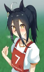  1girl a4_(a4_eishi) absurdres ahoge alternate_hair_length alternate_hairstyle animal_ears arm_at_side black_hair blurry blurry_background blush closed_mouth depth_of_field earrings flat_chest gym_uniform hair_between_eyes hand_up highres horse_ears jewelry looking_at_viewer manhattan_cafe_(umamusume) multicolored_hair race_bib shirt short_hair short_sleeves single_earring solo streaked_hair sweat umamusume upper_body white_shirt yellow_eyes 