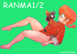  1boy 1girl animal artist_name ass bare_legs barefoot blue_eyes braid braided_ponytail breasts chinese_clothes full_body green_background hoshino_lala large_breasts looking_at_another lying medium_hair p-chan pig ranma-chan ranma_1/2 red_hair simple_background single_braid sweat tangzhuang wide_hips 