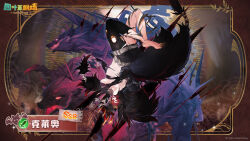  1girl animal_ears asymmetrical_clothes barefoot black_fur black_hair breasts cerberus clover_theater dog_ears fang full_body hair_between_eyes highres kleio_(clover_theater) large_breasts long_hair looking_at_viewer monster_girl official_art open_mouth pants sharp_toenails single_pantsleg stomach toenails torn_clothes torn_pants very_long_hair yellow_eyes 
