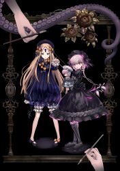  2girls 2others abigail_williams_(fate) absurdres alice_(fate) beret black_bow black_dress black_hat blonde_hair blue_dress blue_eyes bow braid character_doll commentary_request doll_joints dress fate/extra fate/grand_order fate_(series) fingernails flower footwear_bow full_body hair_bow hat highres holding holding_paintbrush hugging_doll hugging_object joints keyhole legs_apart long_hair long_sleeves looking_at_viewer multiple_girls multiple_others nursery_rhyme_(fate) orange_bow paintbrush parted_lips picture_frame pink_eyes pointing pointing_at_viewer purple_eyes sleeves_past_fingers sleeves_past_wrists standing sunflower tentacles twin_braids twintails two-tone_eyes um0000mu 