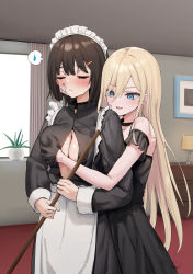  2girls apron bare_shoulders black_dress blonde_hair blue_eyes blush grabbing_another&#039;s_breast breasts broom center_opening cleaning curtains dress closed_eyes female_pervert frilled_sleeves frills grabbing grabbing_from_behind groping hair_ornament hairclip half-closed_eyes hand_on_another&#039;s_face highres indoors lamp large_breasts long_hair long_sleeves maid maid_apron maid_headdress multiple_girls open_mouth original pervert piripun plant princess standing sweatdrop thought_bubble window yuri  rating:Questionable score:132 user:danbooru