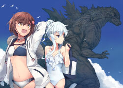  2girls alternate_costume bikini blue_eyes blue_sky breasts brown_eyes brown_hair casual_one-piece_swimsuit cloud commentary_request cowboy_shot crossover day flat_chest flower frilled_one-piece_swimsuit frills godzilla godzilla_(series) godzilla_minus_one hair_flower hair_ornament hibiki_(kancolle) highres hood hooded_jacket jacket kaijuu kantai_collection long_hair minosu multiple_girls one-piece_swimsuit outdoors ponytail short_hair sky small_breasts smile swimsuit togo two-tone_bikini white_hair white_jacket white_one-piece_swimsuit yukikaze_(kancolle) 